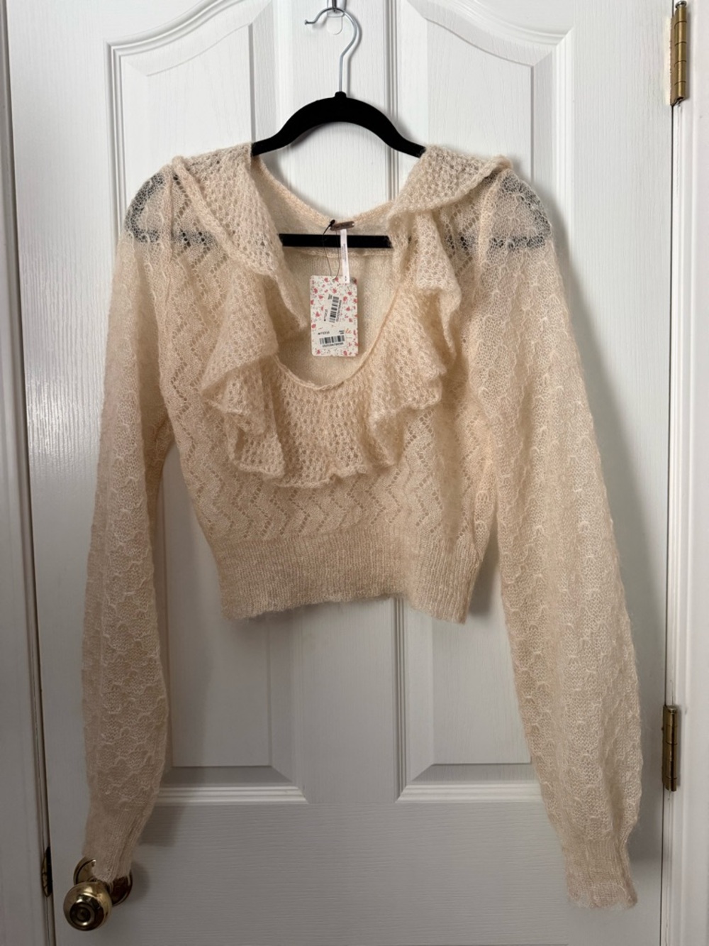 Free People Cream Ruffle Scoop-Neck Sweater